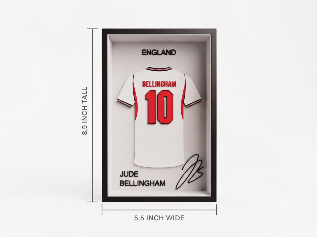 England Jude Bellingham 3D Printed Jersey Shadow Box | Soccer Dorm Decor & Football Shelf Art | Back to School Sports Gift for Fans