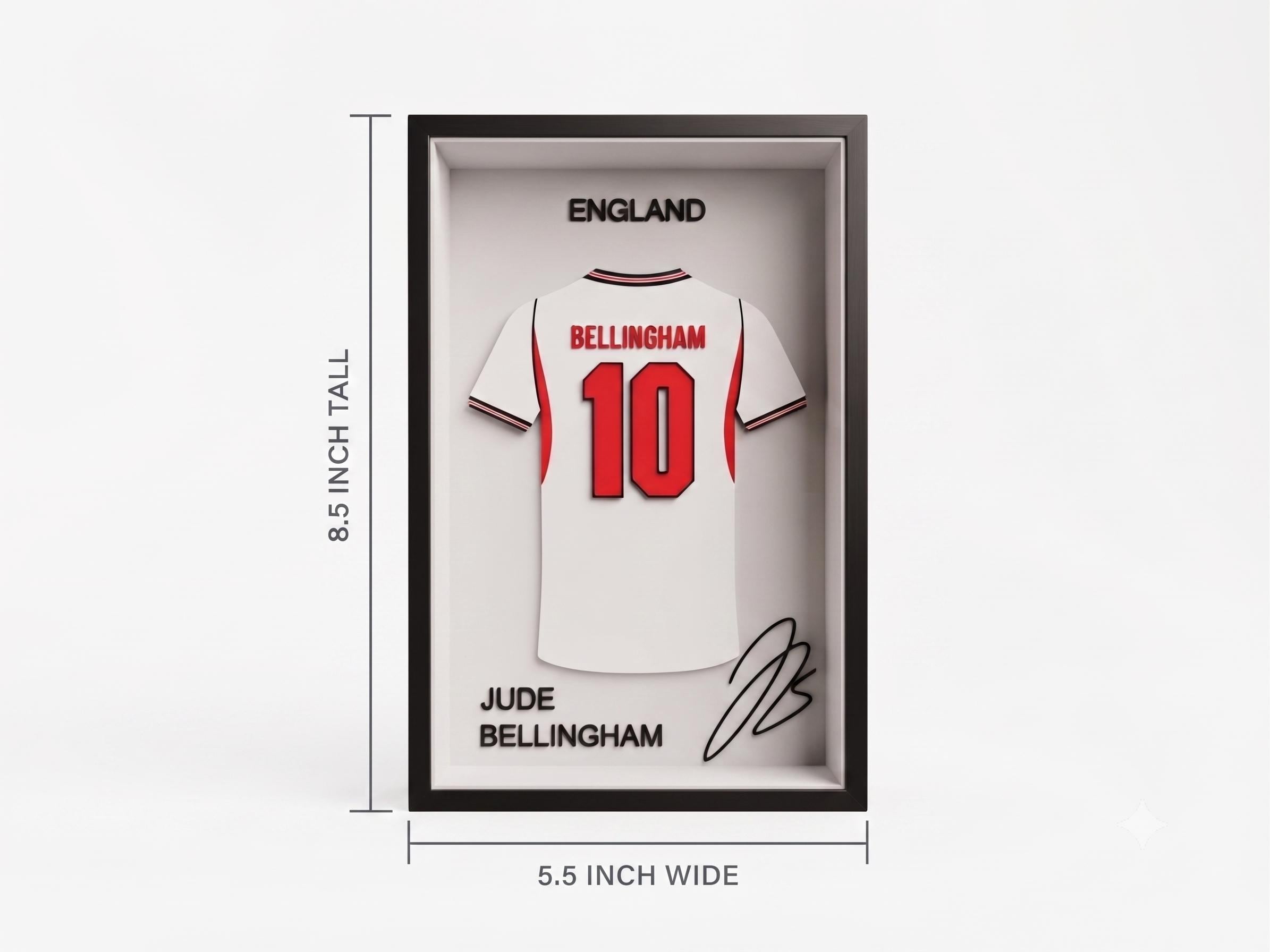 England Jude Bellingham 3D Printed Jersey Shadow Box | Soccer Dorm Decor & Football Shelf Art | Back to School Sports Gift for Fans