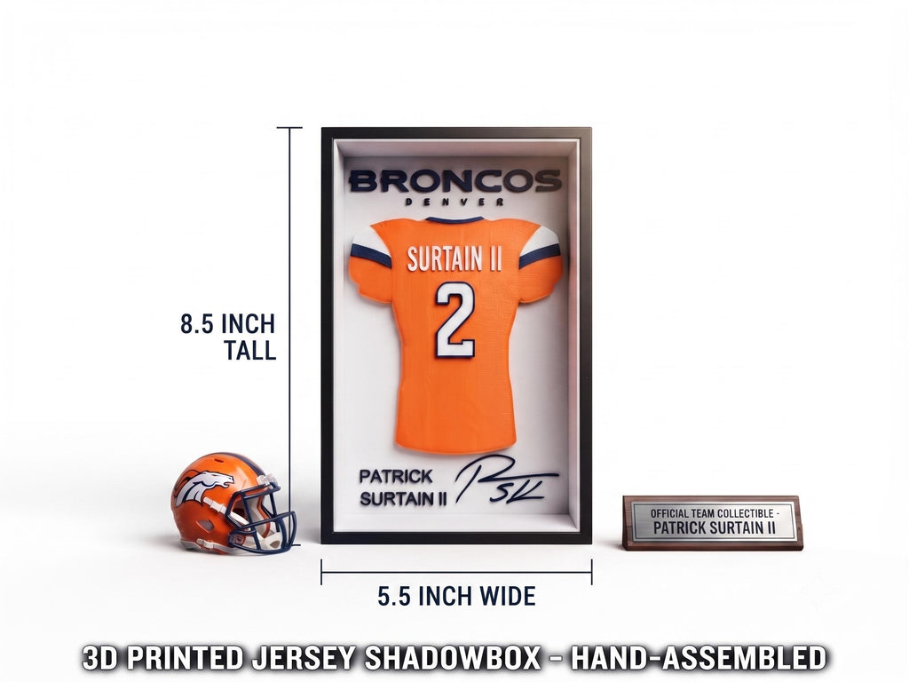 Patrick Surtain II Denver Broncos 3D Printed Jersey Shadow Box | NFL Football Fan Art, Desk & Wall Decor, Back to School Dorm Essential