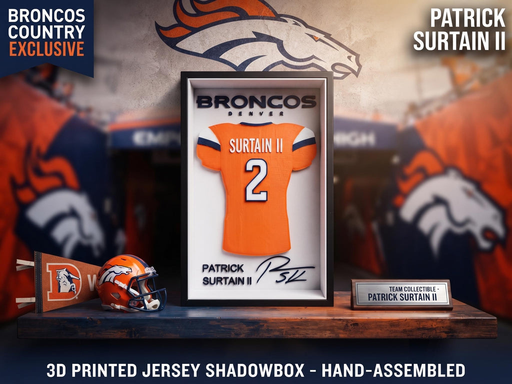 Patrick Surtain II Denver Broncos 3D Printed Jersey Shadow Box | NFL Football Fan Art, Desk & Wall Decor, Back to School Dorm Essential