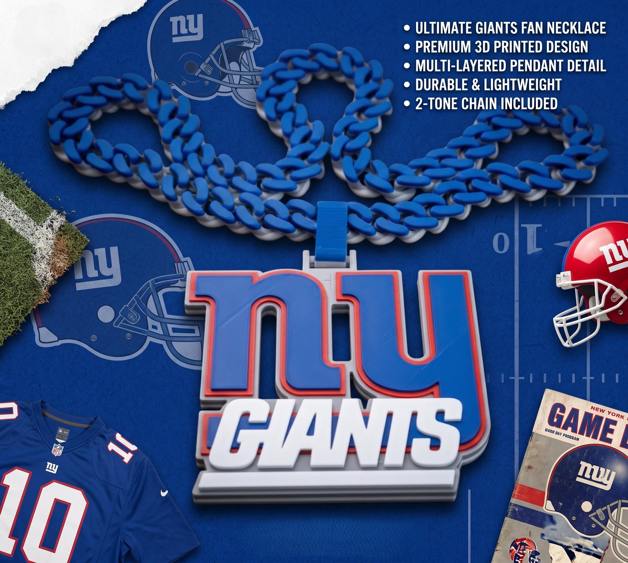 New York Giants Chain Necklace | NFL Big Blue Statement Pendant & 34" Two-Tone Link Chain