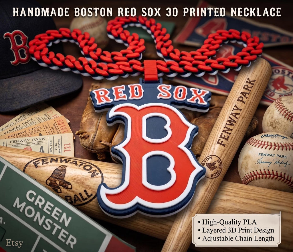 Boston Red Sox 3D Printed Chain Necklace | Big Baseball Pendant Fan Gear | 34" Chunky Statement Chain | MLB Game Day Tailgate Gift