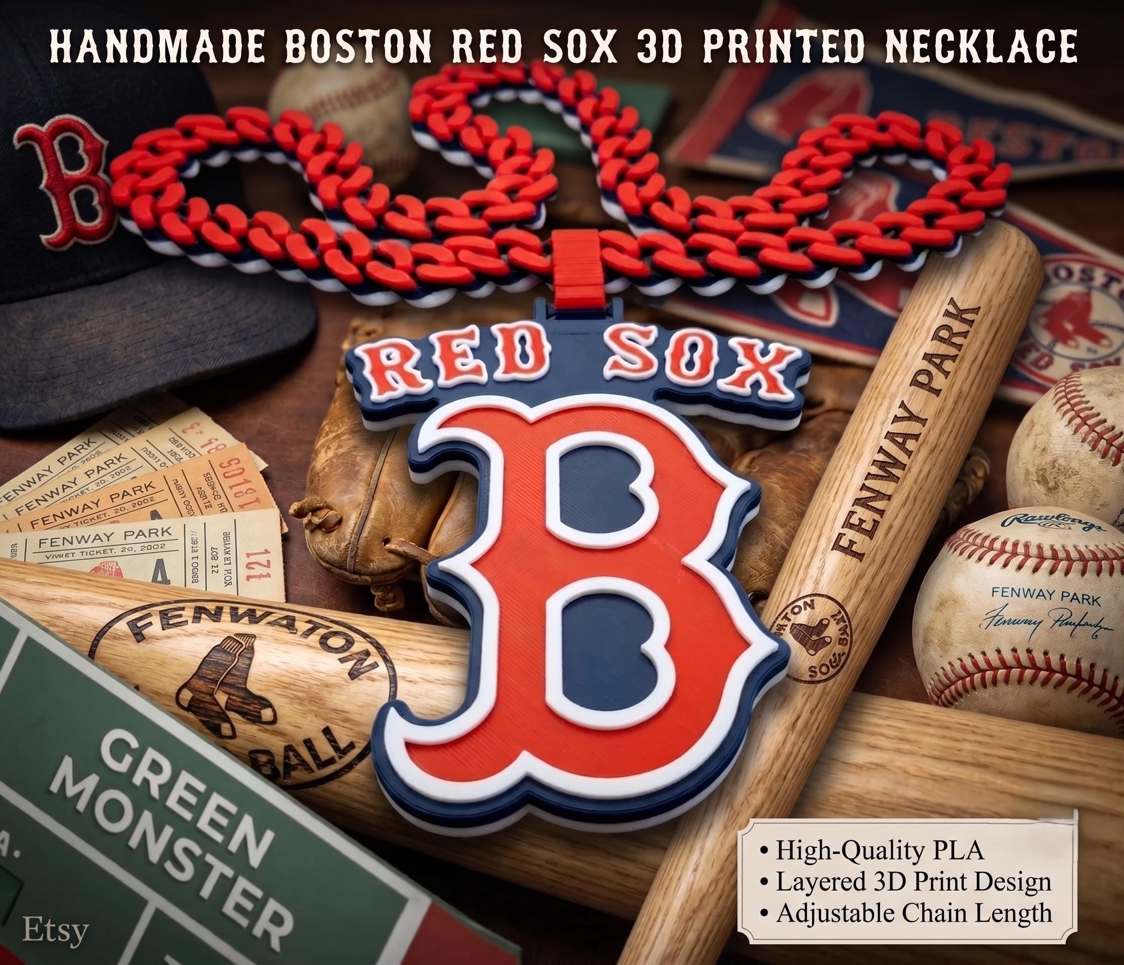 Boston Red Sox 3D Printed Chain Necklace | Big Baseball Pendant Fan Gear | 34" Chunky Statement Chain | MLB Game Day Tailgate Gift